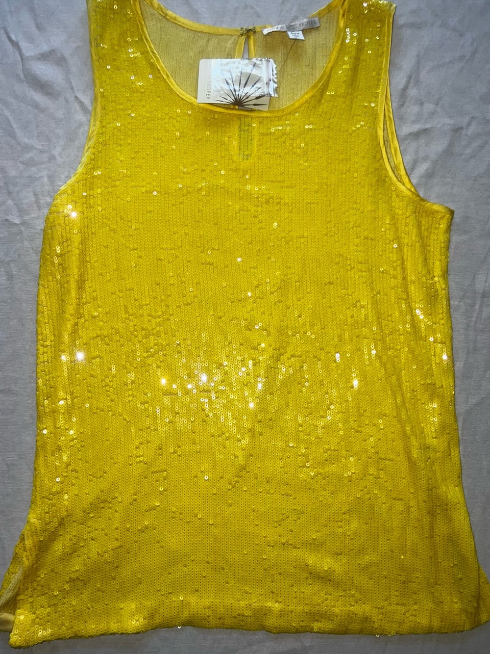 Boston Proper NWT Yellow Sequin Keyhole Tank Going Out Glam Disco Fever Vacation